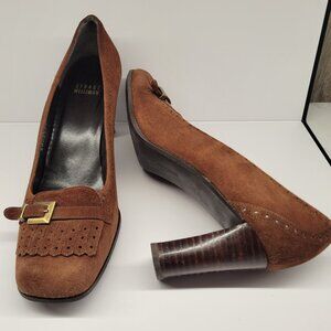 Stuart Weitzman Brown Suede Block Heel Pumps with Buckle